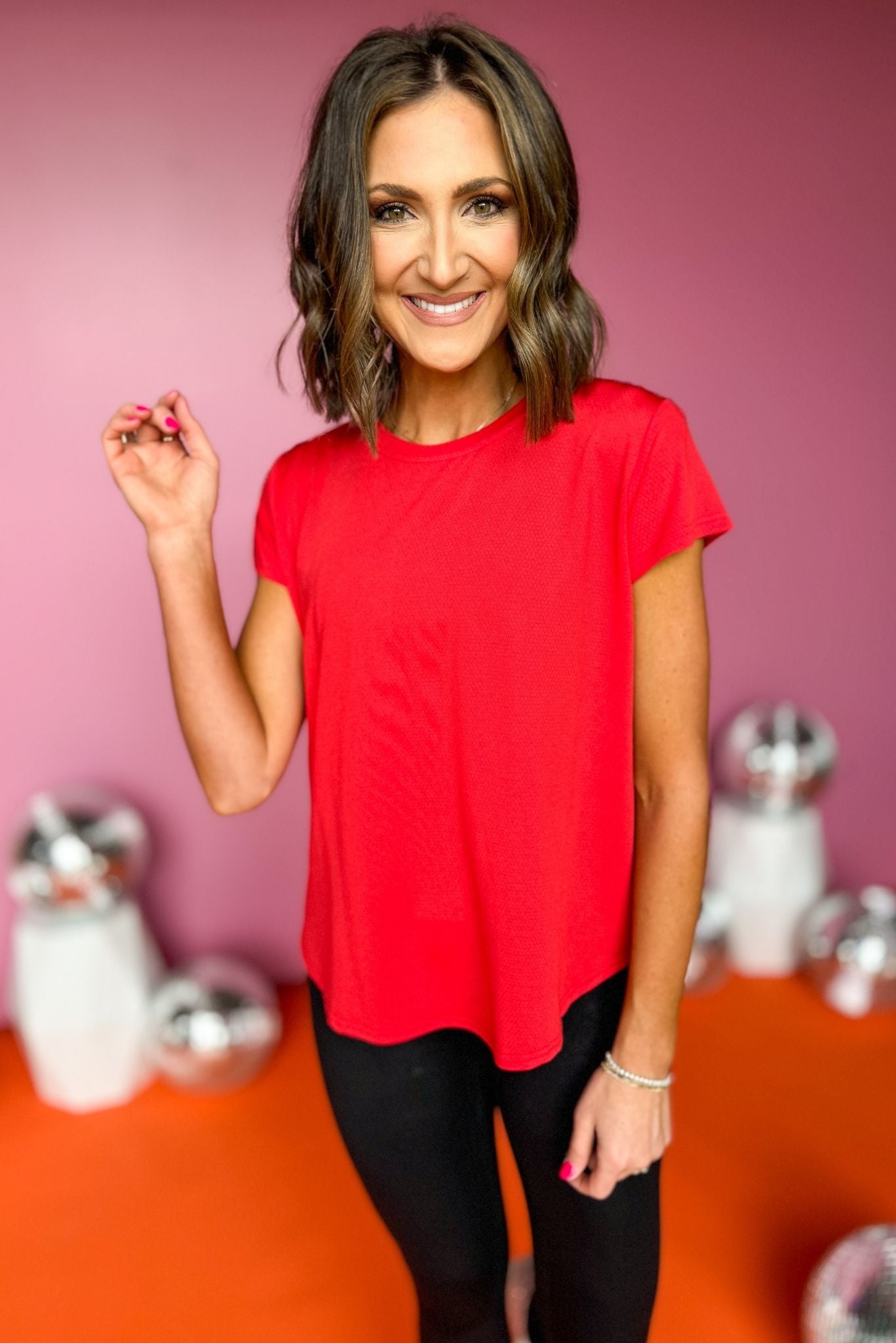 SSYS Red Honeycomb Short Sleeve Active Top,  ssys the label, athleisure, elevated athleisure, must have top, athletic top, bright top, athletic style, mom style, shop style your senses by mallory fitzsimmons, ssys by mallory fitzsimmons