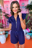 SSYS The Georgia Light Weight Air Ruffle Shoulder Inset Stripe Romper In Navy, ssys the label, spring break romper, spring break style, spring fashion affordable fashion, elevated style, bright style, stripe detail romper, mom style, shop style your senses by mallory fitzsimmons, ssys by mallory fitzsimmons