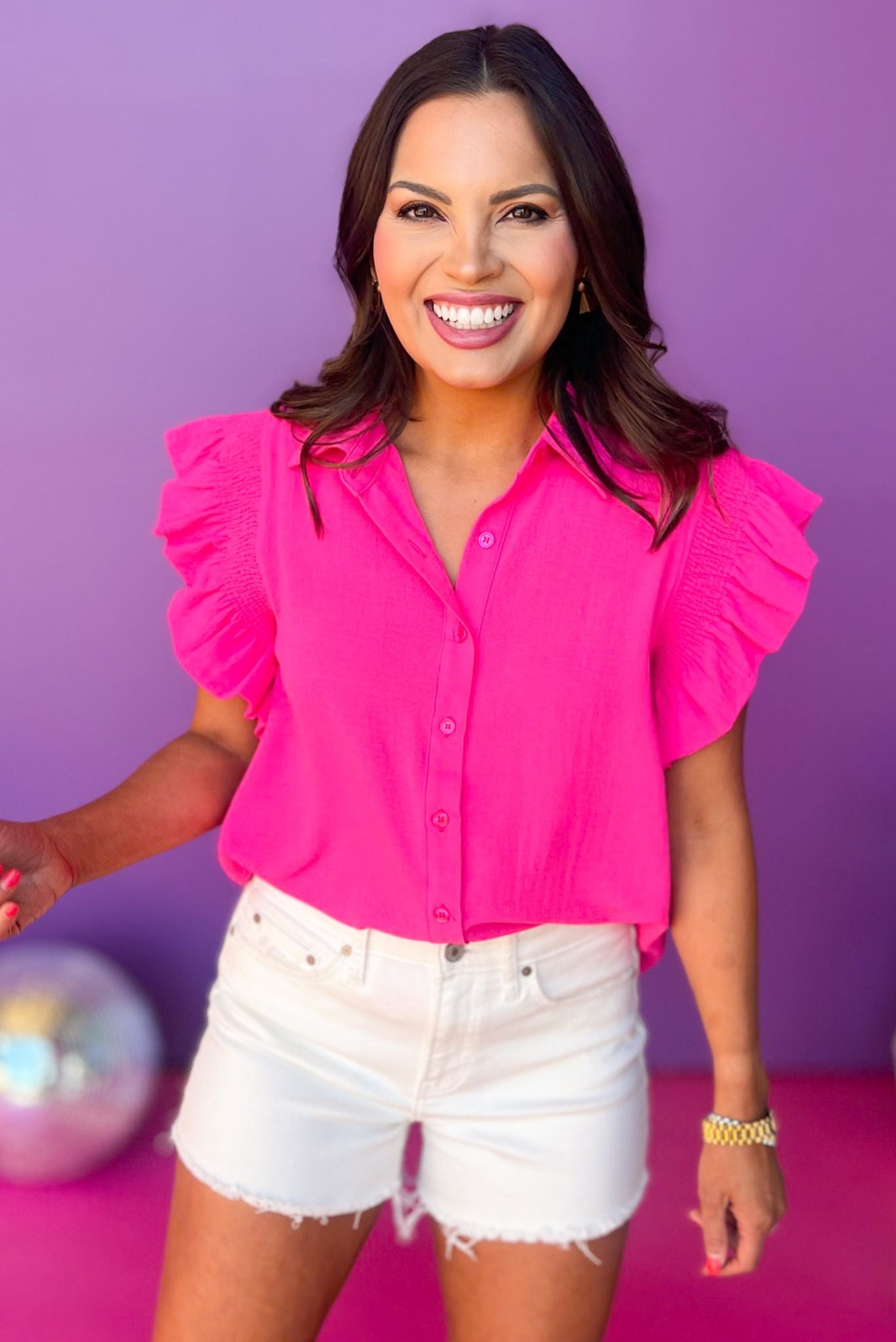  Pink Collared Button Down Pleated Ruffle Sleeve Top, must have top, must have style, summer style, spring fashion, elevated style, elevated top, mom style, shop style your senses by mallory fitzsimmons, ssys by mallory fitzsimmons