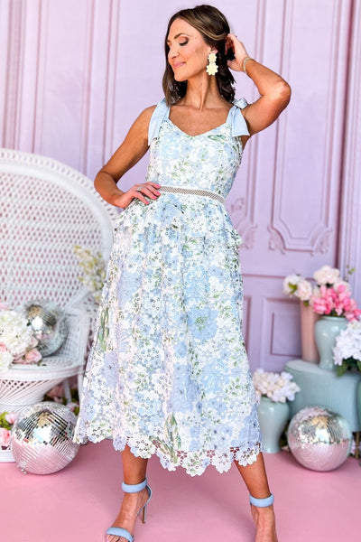 knee length dresses for ladies Blue Multi Crochet Lace Ruffle Midi Dress – SSYS