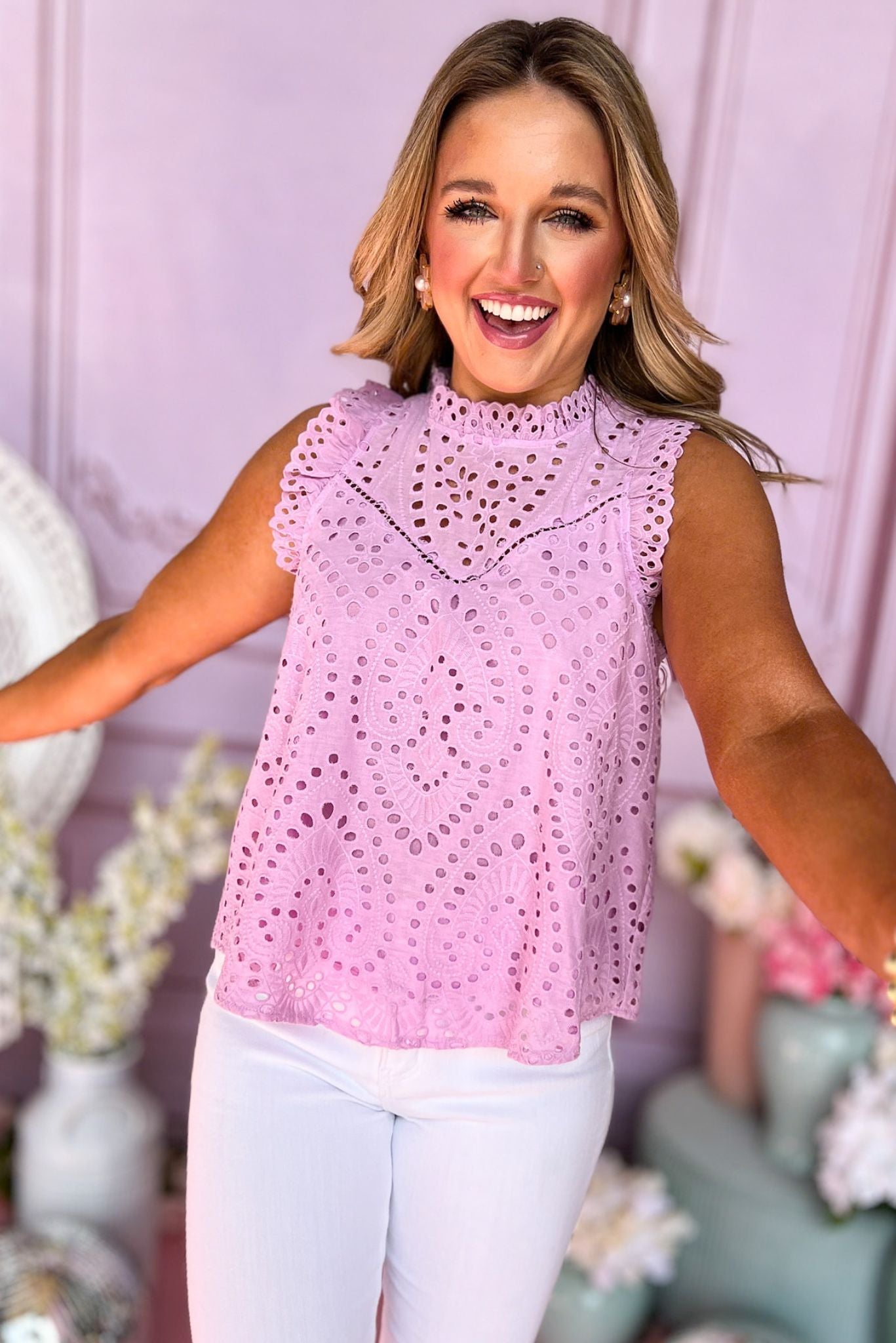 Pink Lavender Frill Neck and Shoulder Eyelet Sleeveless Top, must have top, must have style, brunch style, summer style, spring fashion, elevated style, elevated top, mom style, shop style your senses by mallory fitzsimmons, ssys by mallory fitzsimmonsv