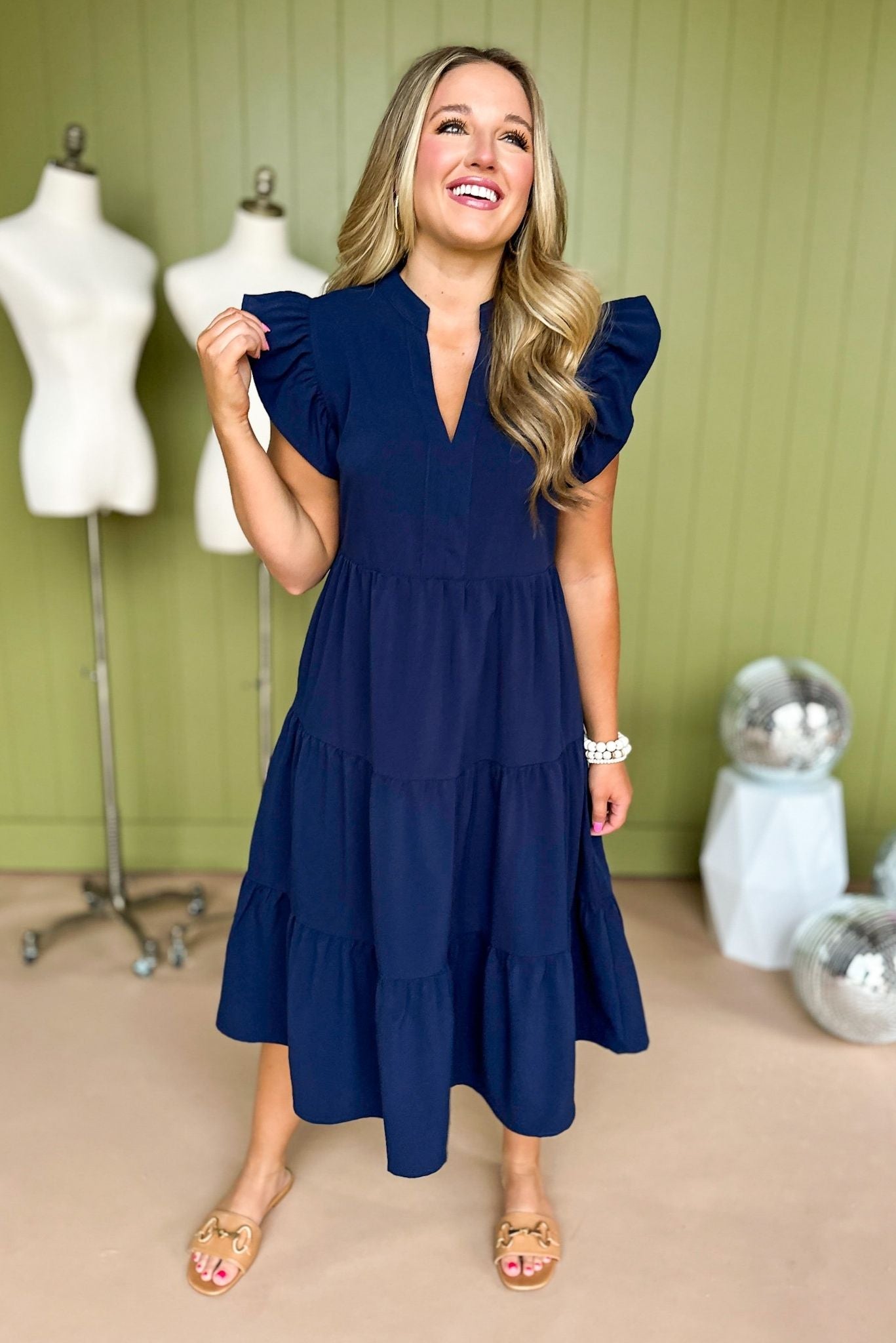 Navy V Neck Flutter Sleeve Tiered Midi Dress, must have dress, must have midi dress, elevated style, mom style, summer to fall dress, summer to fall style, transitional piece, shop style your senses by mallory fitzsimmons