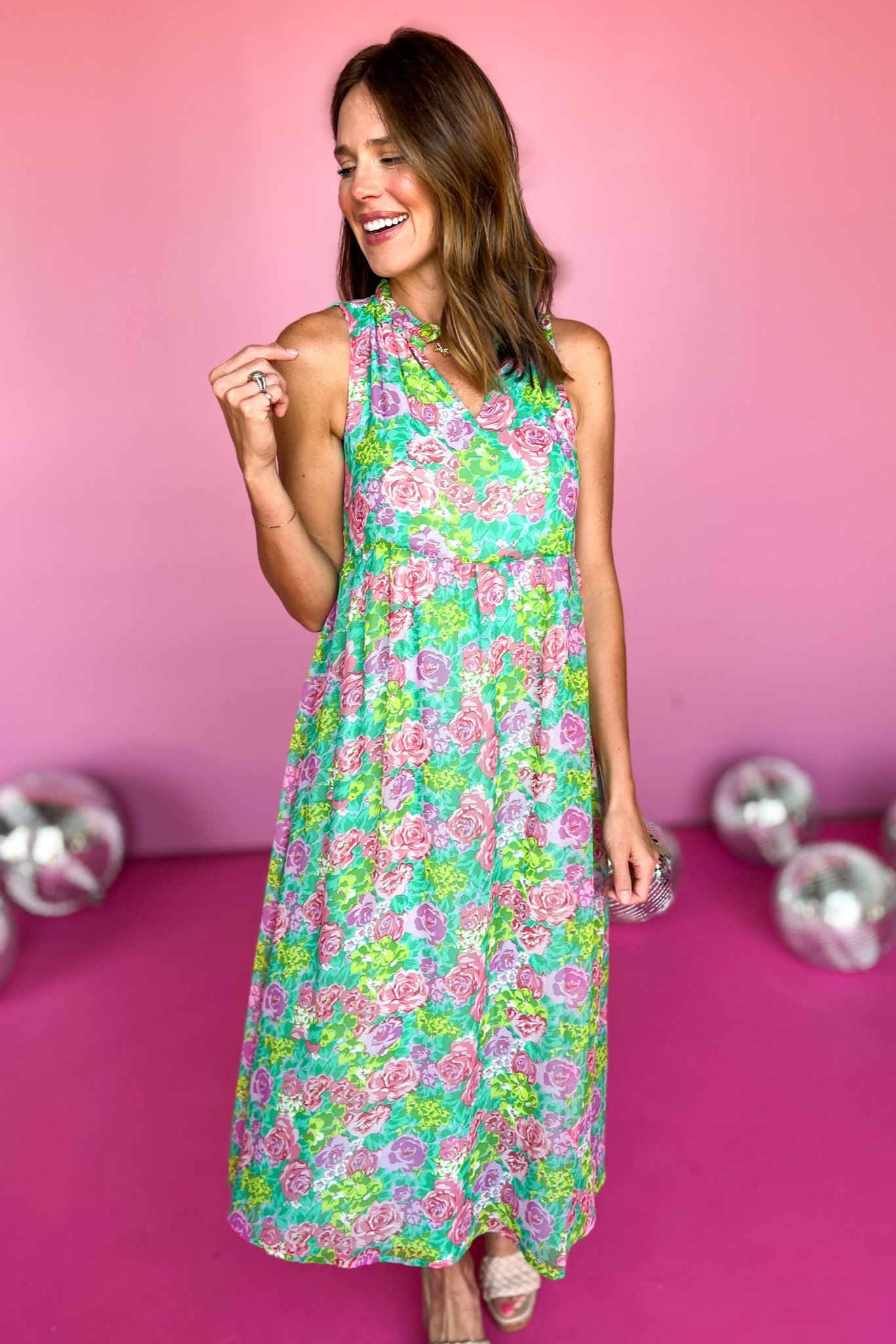 Pink Lime Floral Frill Neck Sleeveless Midi Dress, dress, floral dress, frill neck dress, sleeveless dress, midi dress, pink lime floral dress, pink lime frill neck dress, pink lime floral sleeveless dress, pink lime floral midi dress, must have dress, elevated dress, elevated style, summer dress, summer style, Shop Style Your Senses by Mallory Fitzsimmons, SSYS by Mallory Fitzsimmons