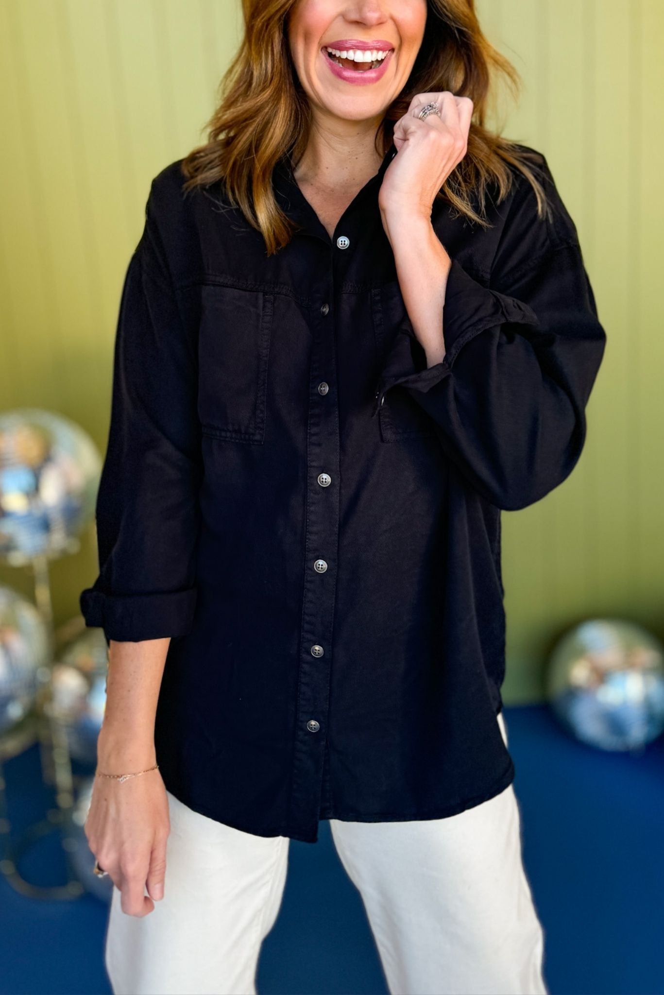 Risen Black Button Front Tencel Long Sleeve Top, long sleeve top, elevated top, must have top, elevated style, mom style, winter top, cold style, work to weekend, shop style your senses by mallory fitzsimmons