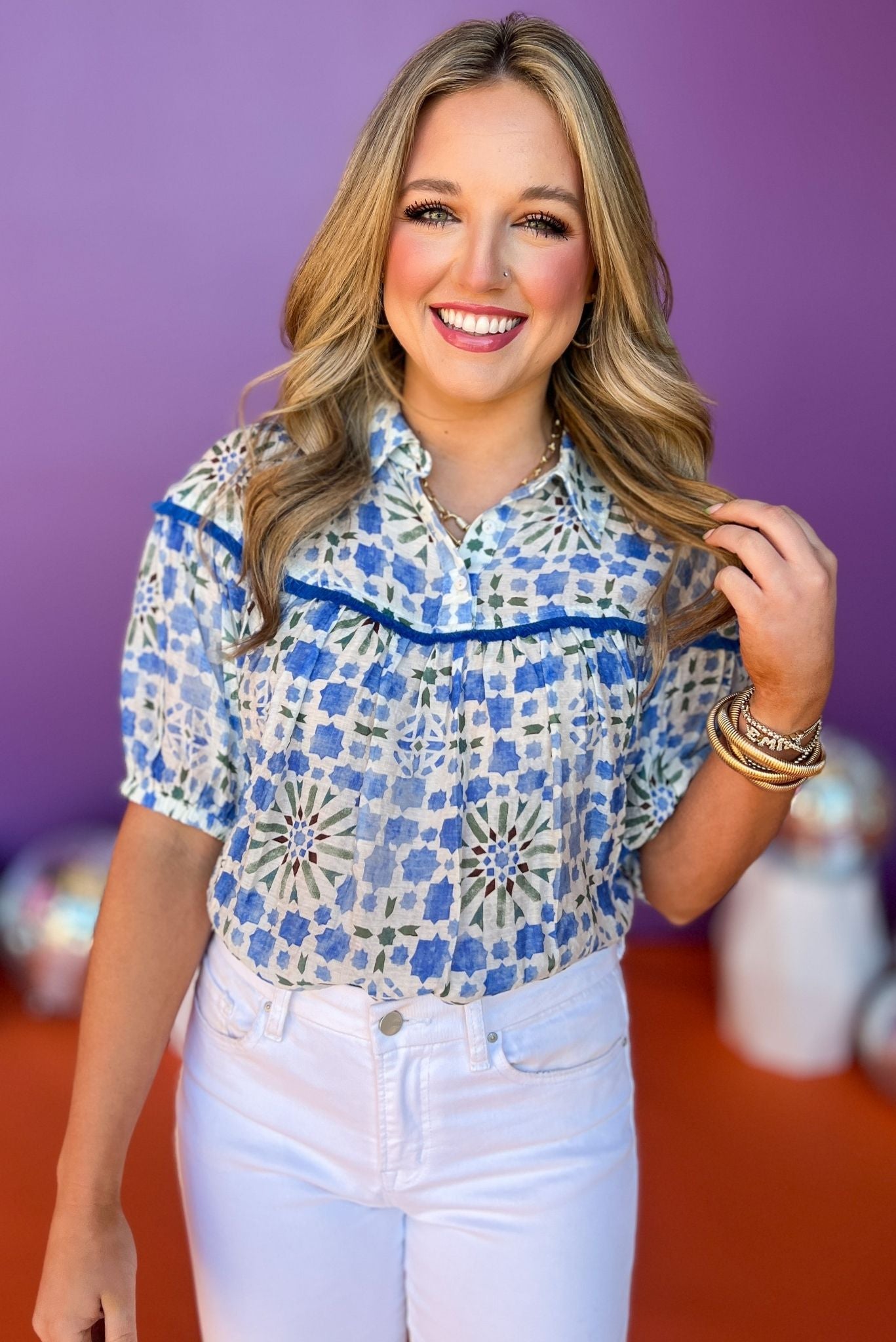 Blue Floral Fringed Yoke Collared Top, printed top, must have top, must have style, summer style, spring fashion, elevated style, elevated top, mom style, shop style your senses by mallory fitzsimmons, ssys by mallory fitzsimmons