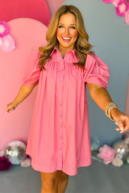  Pink Poplin Collared Button Down Frill Puff Sleeve Dress, must have dress, must have style, church style, spring fashion, elevated style, elevated dress, mom style, work dress, shop style your senses by mallory fitzsimmons