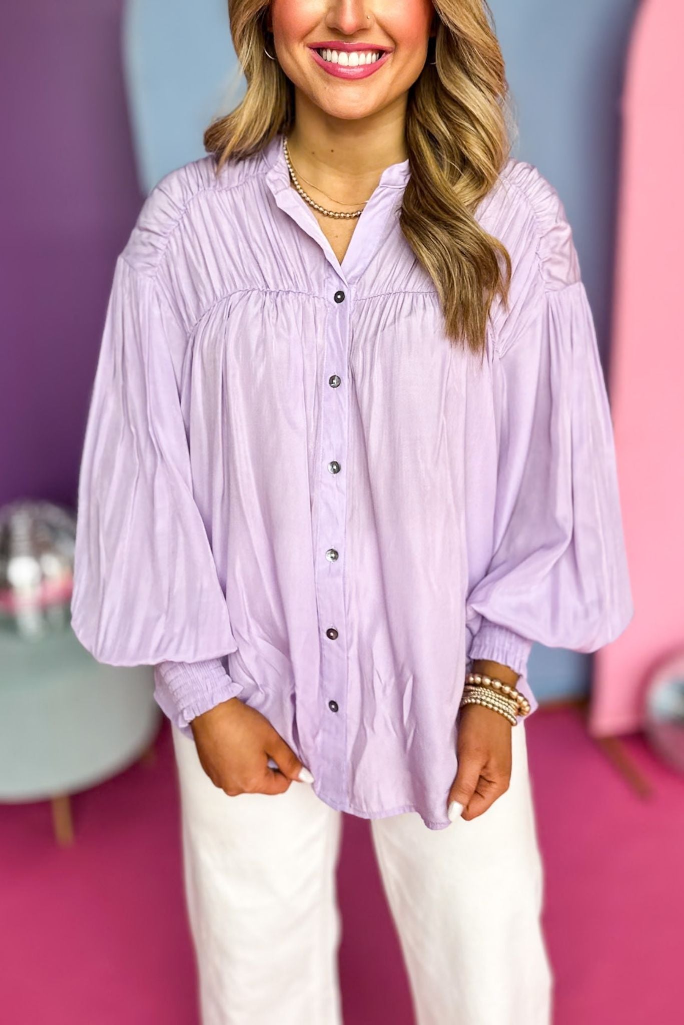 Lavender Button Front Pleated Long Sleeve Top, must have top, must have style, office style, spring fashion, elevated style, elevated top, mom style, work top, shop style your senses by mallory fitzsimmons