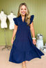 Navy V Neck Flutter Sleeve Tiered Midi Dress, must have dress, must have midi dress, elevated style, mom style, summer to fall dress, summer to fall style, transitional piece, shop style your senses by mallory fitzsimmons