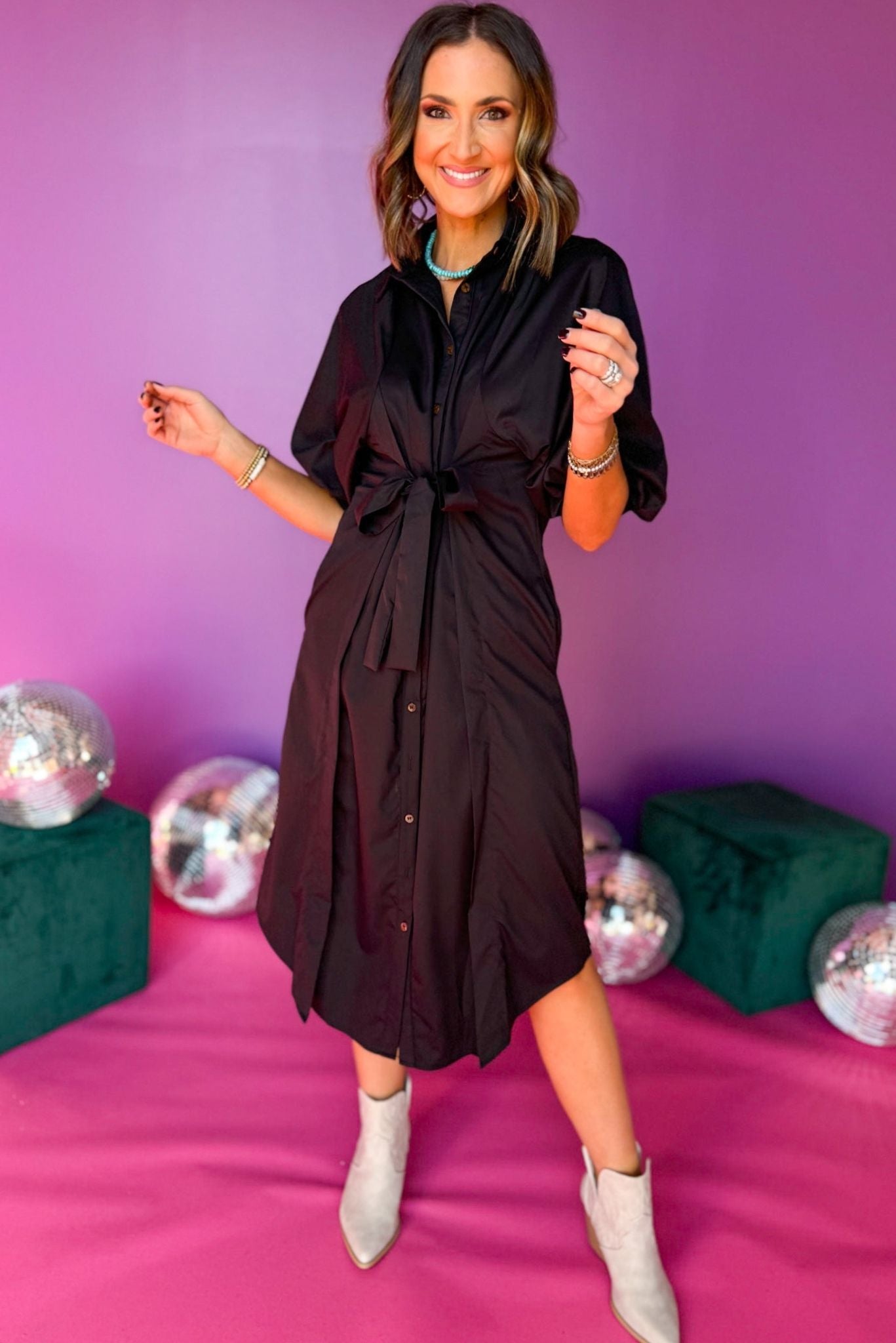  Black Button Front Tie Waist Collared Midi Dress, must have dress, must have style, winter style, winter fashion, elevated style, elevated dress, mom style, winter collection, winter dress, shop style your senses by mallory fitzsimmons
