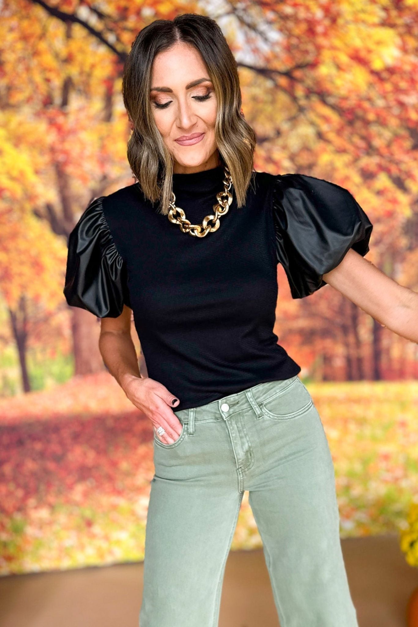 Black Waffle Knit Mock Neck Faux Leather Puff Short Sleeve Top, must have top, must have style, must have fall, fall collection, fall fashion, elevated style, elevated top, mom style, fall style, shop style your senses by mallory fitzsimmons