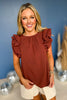 Brown Gathered Neckline Ruffled Sleeveless Top, top, brown top, short sleeve top, ruffle sleeve top, short ruffle sleeve top, must have top, elevated top, elevated style, summer top, summer style, Shop Style Your Senses by Mallory Fitzsimmons, SSYS by Mallory Fitzsimmons