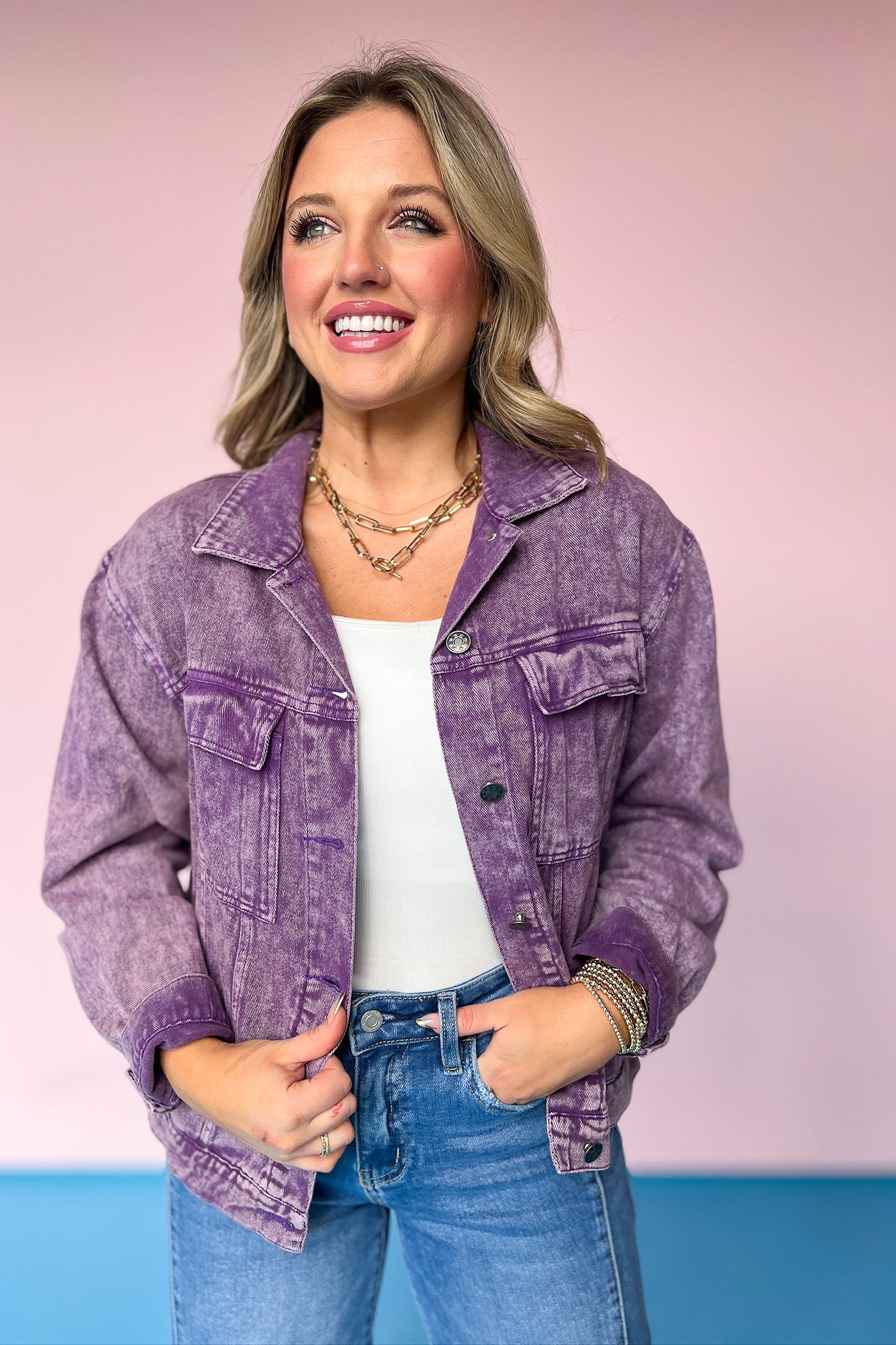 Violet Washed Denim Jacket, versatile, layering piece, button detail, unique, work top, church top, school top, ssys by mallory fitzsimmons