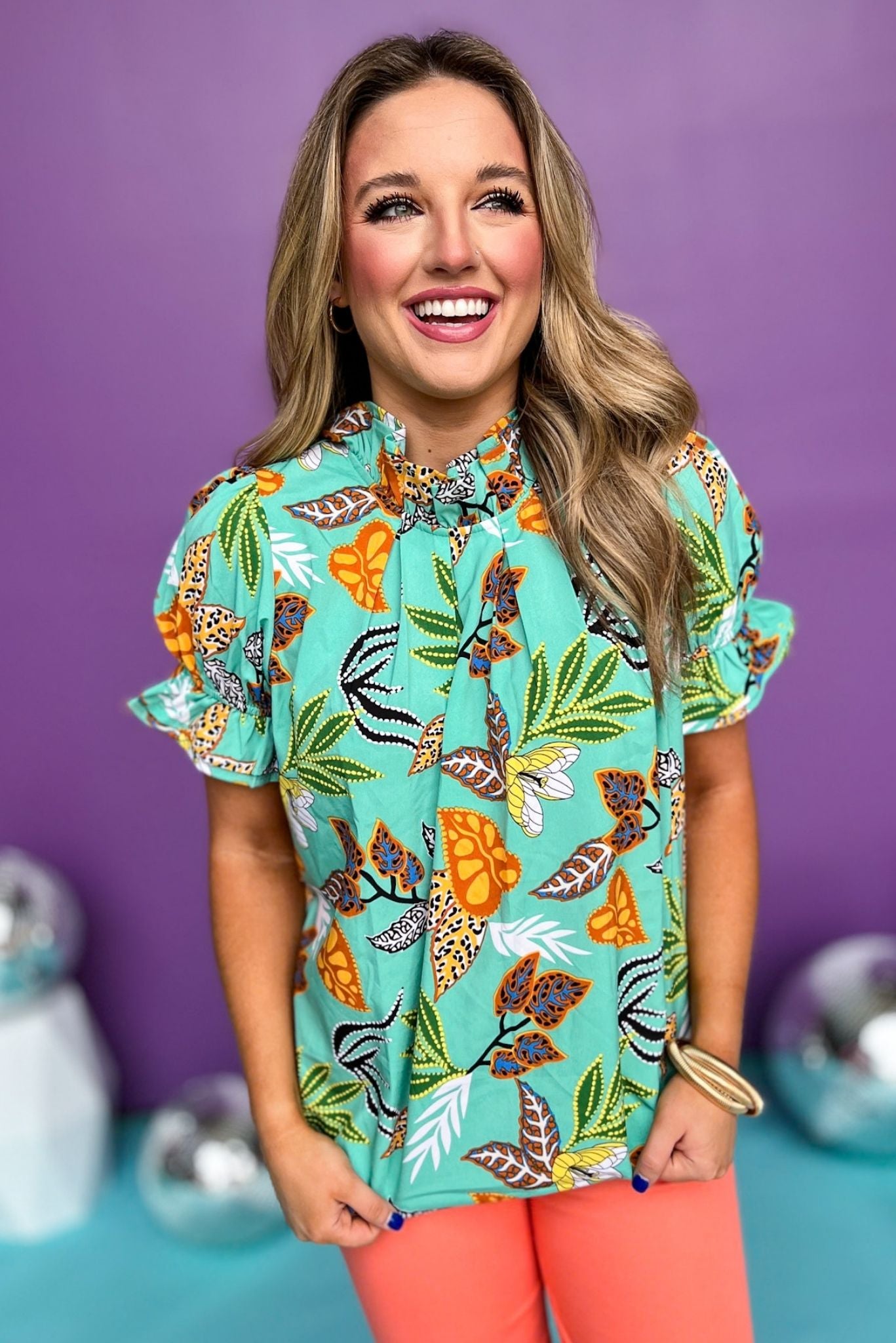 Mint Floral Turtleneck Ruffle Short Sleeve Top *FINAL SALE* *Final Sale*, printed top, must have top, must have style, brunch style, summer style, spring fashion, elevated style, elevated top, mom style, shop style your senses by mallory fitzsimmons, ssys by mallory fitzsimmons