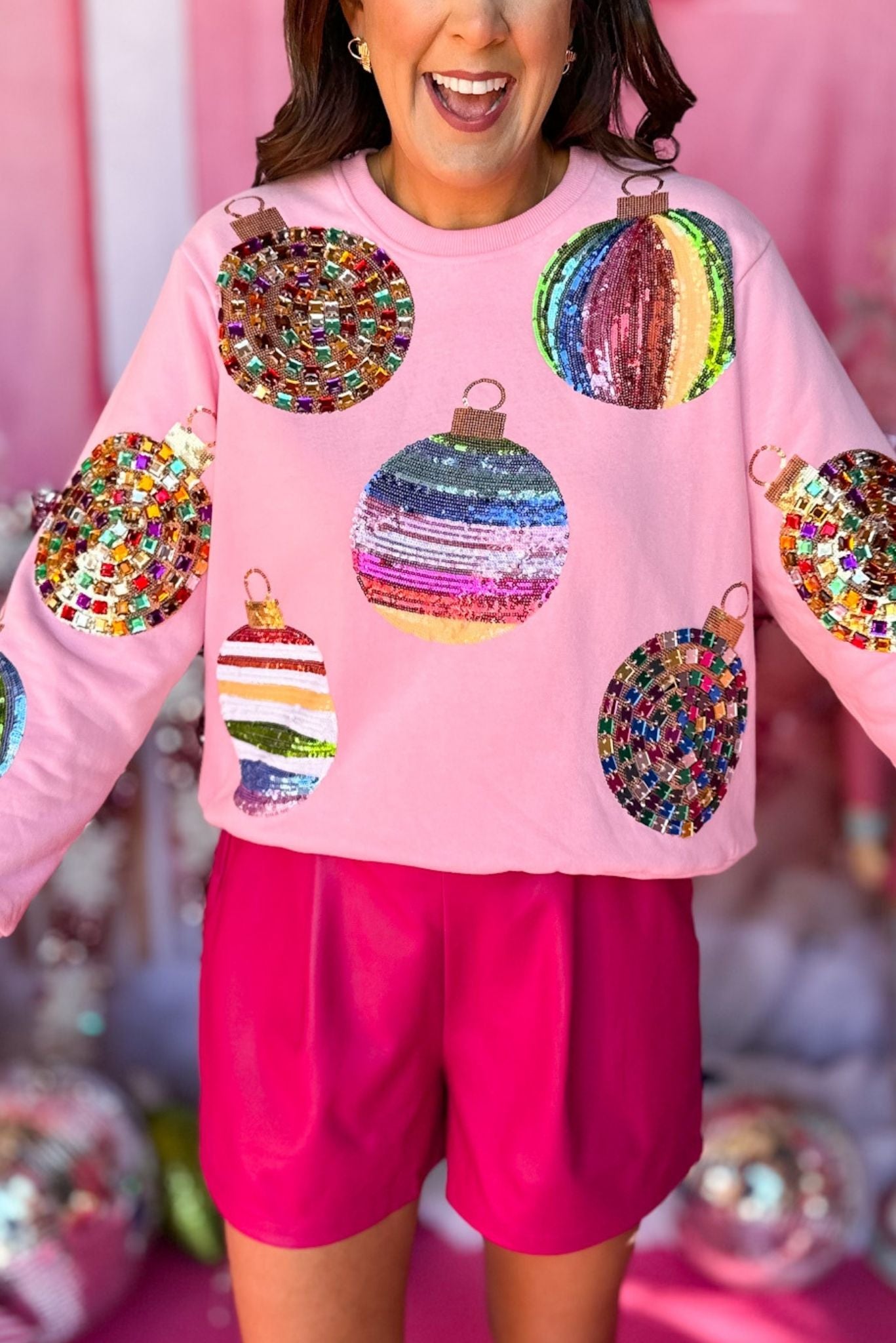 Queen Of Sparkles Pink Sequin Ornament Sweatshirt, queen of sparkles, holiday sweatshirt, glam holiday, sparkly holiday, must have holiday, must have sweatshirt, must have sparkle, elevated sweatshirt, mom style, shop style your senses by mallory fitzsimmons