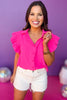 Pink Collared Button Down Pleated Ruffle Sleeve Top, must have top, must have style, summer style, spring fashion, elevated style, elevated top, mom style, shop style your senses by mallory fitzsimmons, ssys by mallory fitzsimmons  Edit alt text