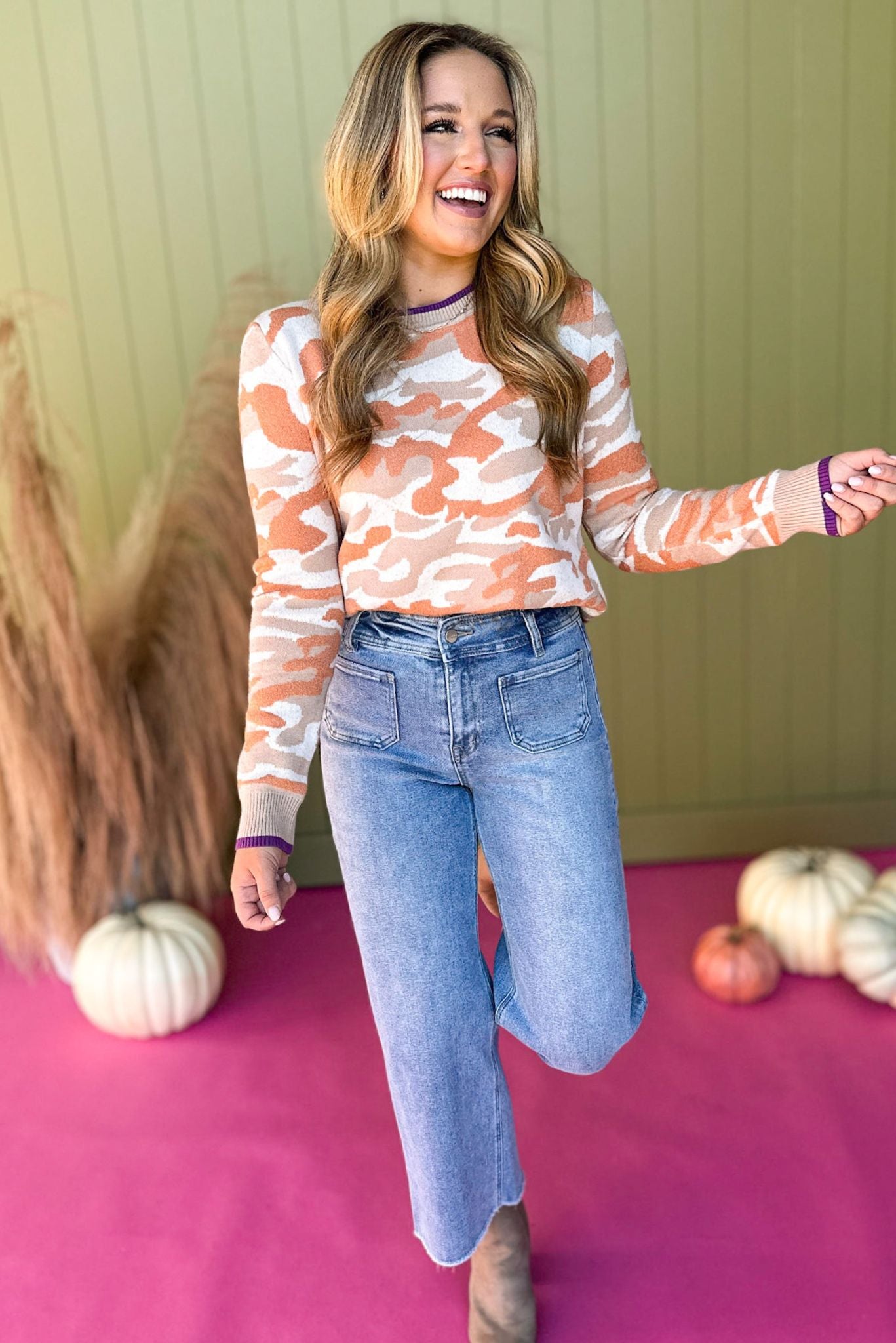 Tan Camo Printed Contrast Trim Long Sleeve Sweater, must have sweater, must have style, must have fall, fall collection, fall fashion, elevated style, elevated sweater, mom style, fall style, shop style your senses by mallory fitzsimmons