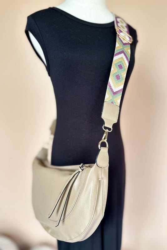 Taupe Round Zipper Crossbody Bag, accessory, bag, must have bag, printed bag strap, must have print, elevated bag, shop style your senses by mallory fitzsimmons