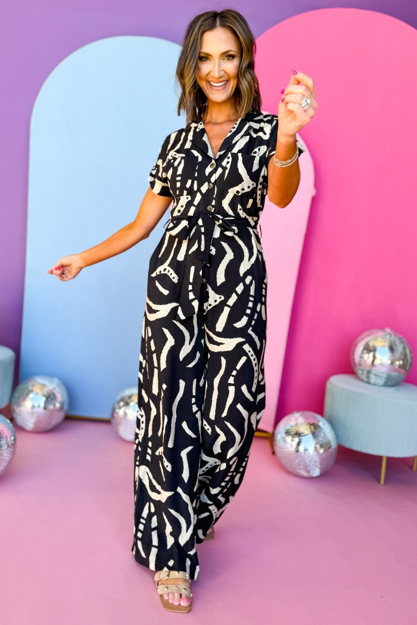 Black Collared Short Sleeve Button Down Tie Jumpsuit, must have jumpsuit, printed jumpsuit, spring fashion, elevated jumpsuit, mom style, affordable fashion, brunch style, shop style your senses by mallory fitzsimmons, ssys by mallory fitzsimmons