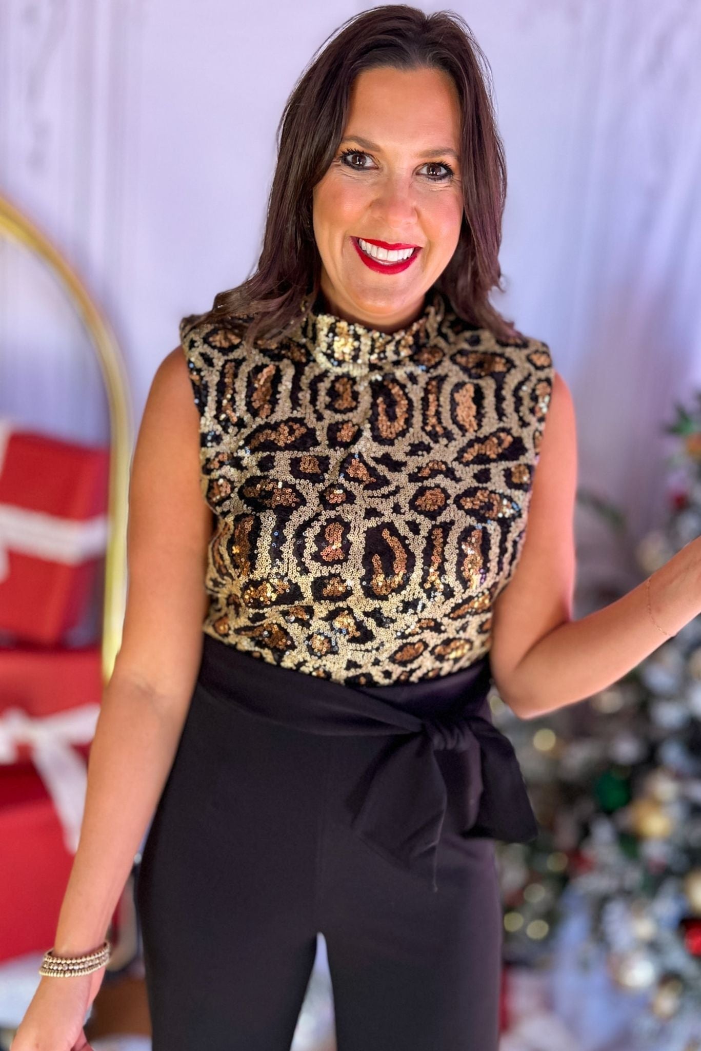 Black Gold Animal Printed Sequins Detail Sleeveless Jumpsuit, must have jumpsuit, must have style, elevated jumpsuit, elevated style, holiday style, holiday fashion, elevated holiday, holiday collection, affordable fashion, mom style, shop style your senses by mallory fitzsimmons