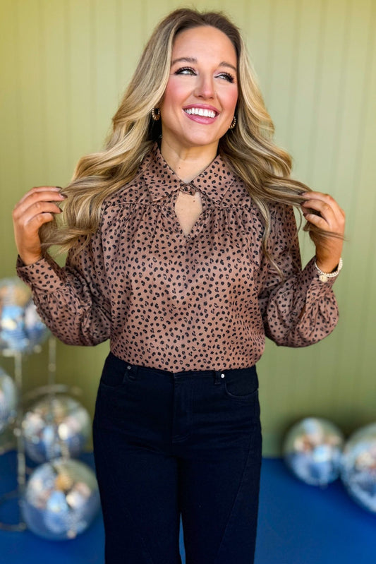 Brown Ditsy Animal Printed Split Neck Collared Long Sleeve Top, printed top, must have print, must have top, must have style, winter style, winter fashion, elevated style, elevated top, mom style, winter top, shop style your senses by mallory fitzsimmons