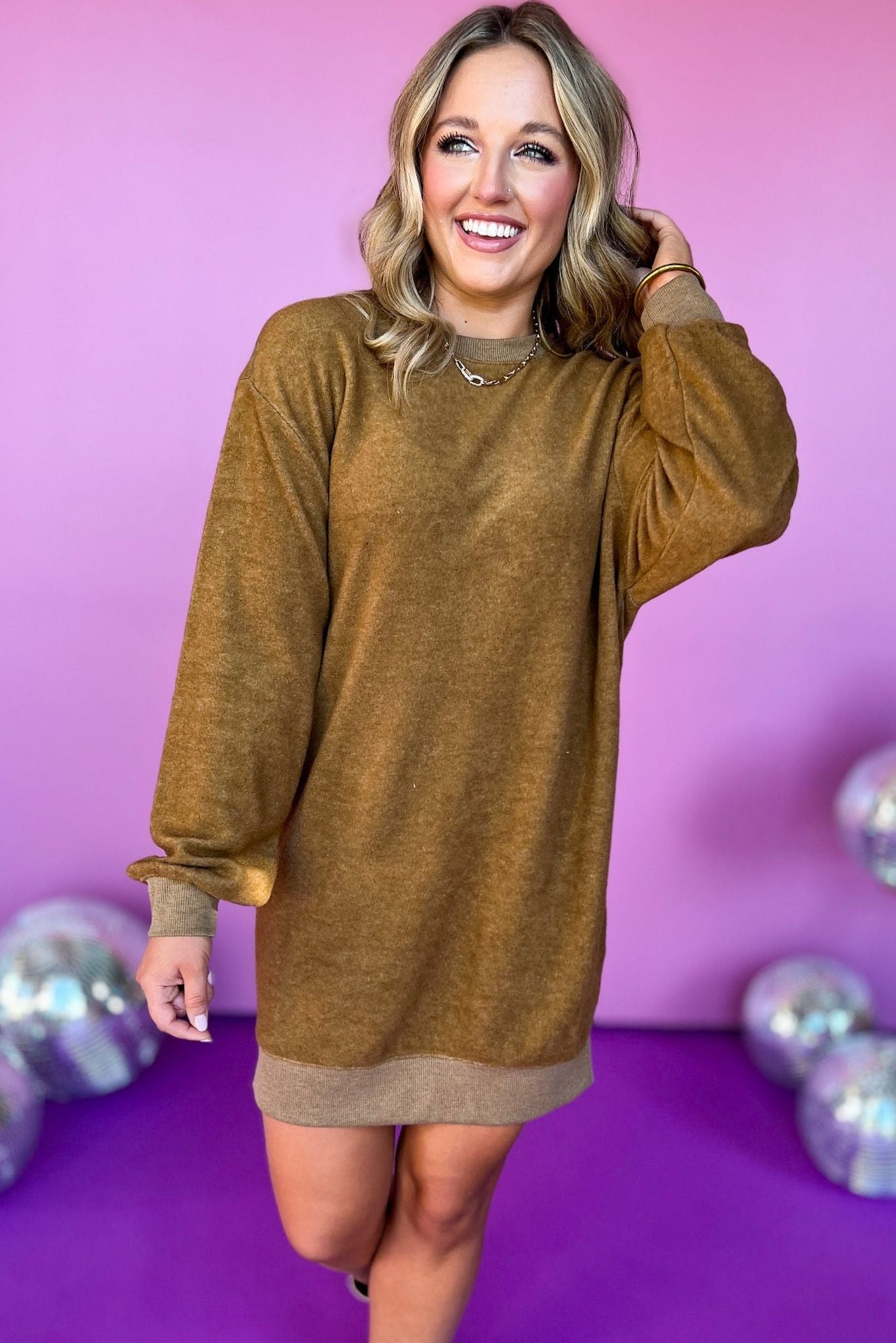 Brown Crew Neck Drop Shoulder Long Sleeve Dress, must have dress, must have style, fall style, fall fashion, elevated style, elevated dress, mom style, fall collection, fall dress, shop style your senses by mallory fitzsimmons