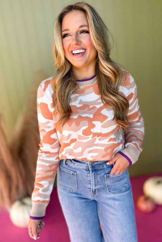 Tan Camo Printed Contrast Trim Long Sleeve Sweater, must have sweater, must have style, must have fall, fall collection, fall fashion, elevated style, elevated sweater, mom style, fall style, shop style your senses by mallory fitzsimmons