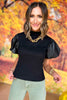 Black Waffle Knit Mock Neck Faux Leather Puff Short Sleeve Top, must have top, must have style, must have fall, fall collection, fall fashion, elevated style, elevated top, mom style, fall style, shop style your senses by mallory fitzsimmons