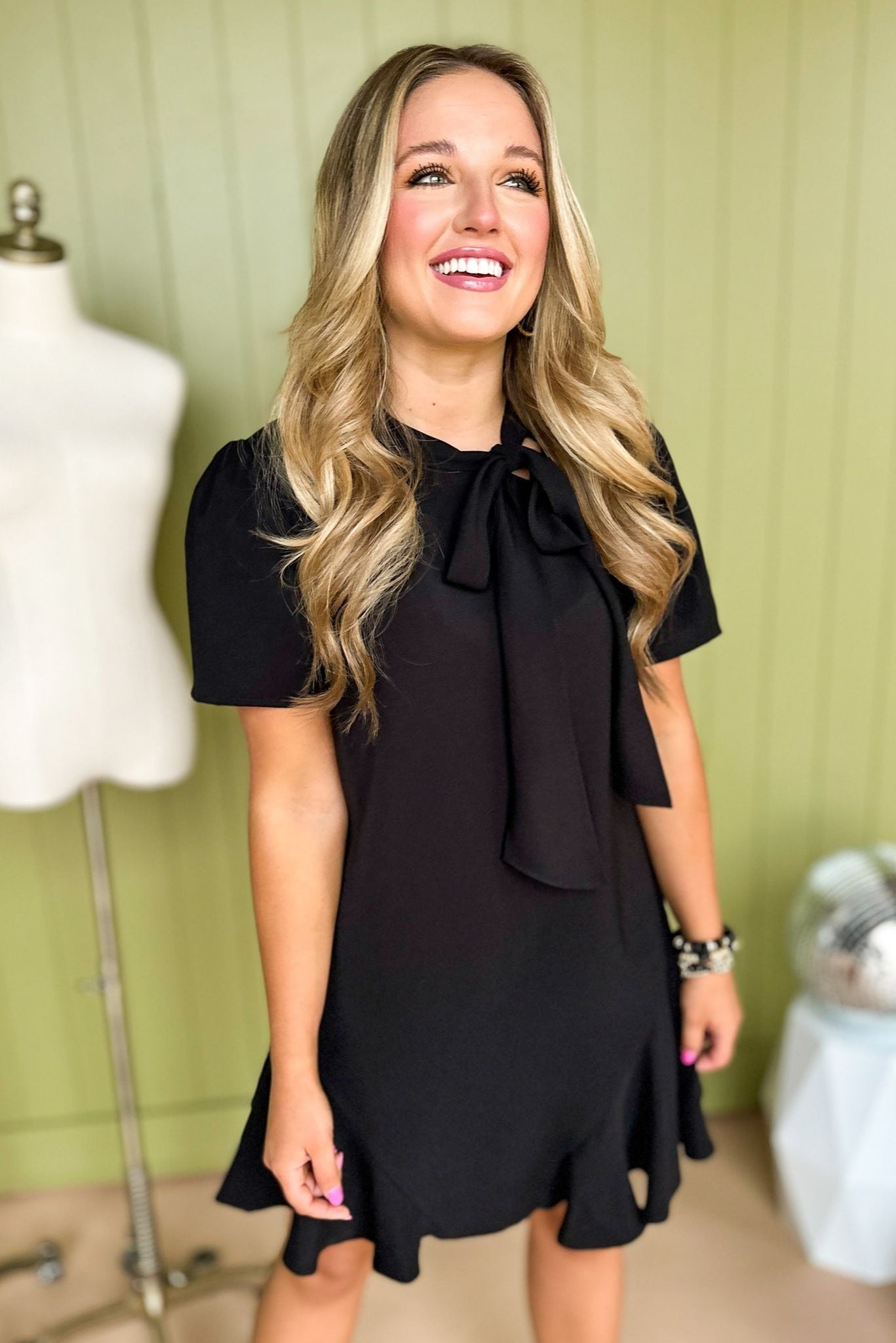 Black Tie Neck Short Sleeve Trumpet Skirted Dress, must have dress, little black dress, work to weekend, office dress, elevated style, must have style, mom style, shop style your senses by mallory fitzsimmons