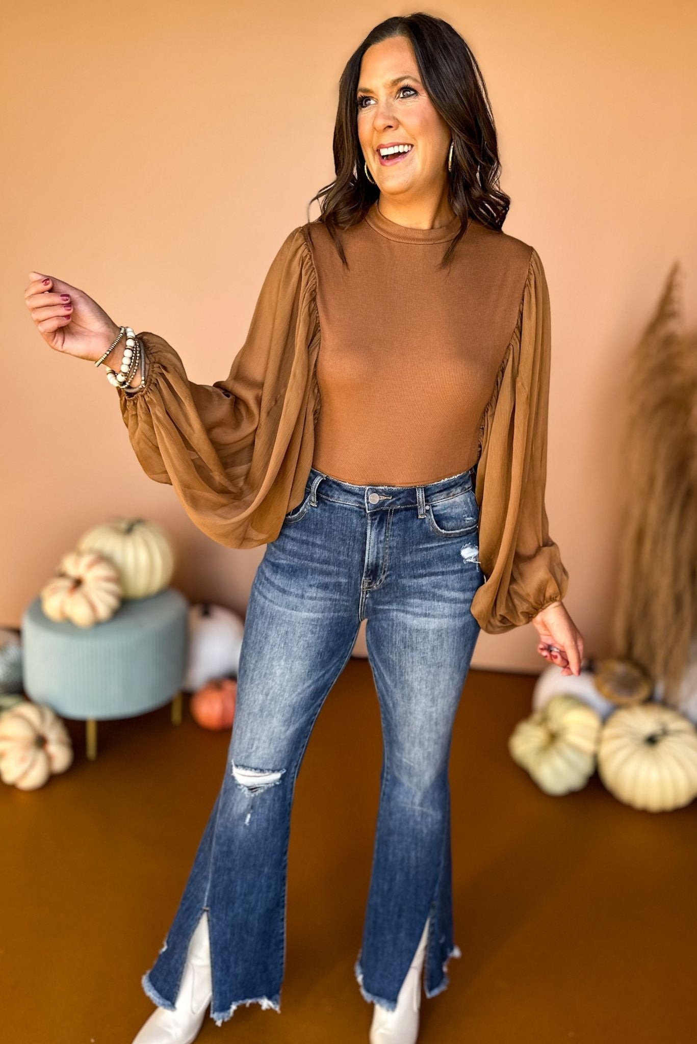 Brown Long Puff Sleeve Woven Top, must have top, must have style, must have fall, fall collection, fall fashion, elevated style, elevated top, mom style, fall style, shop style your senses by mallory fitzsimmons