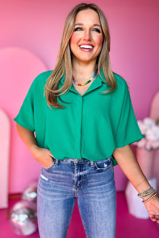 Green Woven Short Sleeve Button Down High Low Top, must have top, short sleeve top, transitional top, elevated top, saturday steal, must have steal, mom style, shop style your senses by mallory fitzsimmons