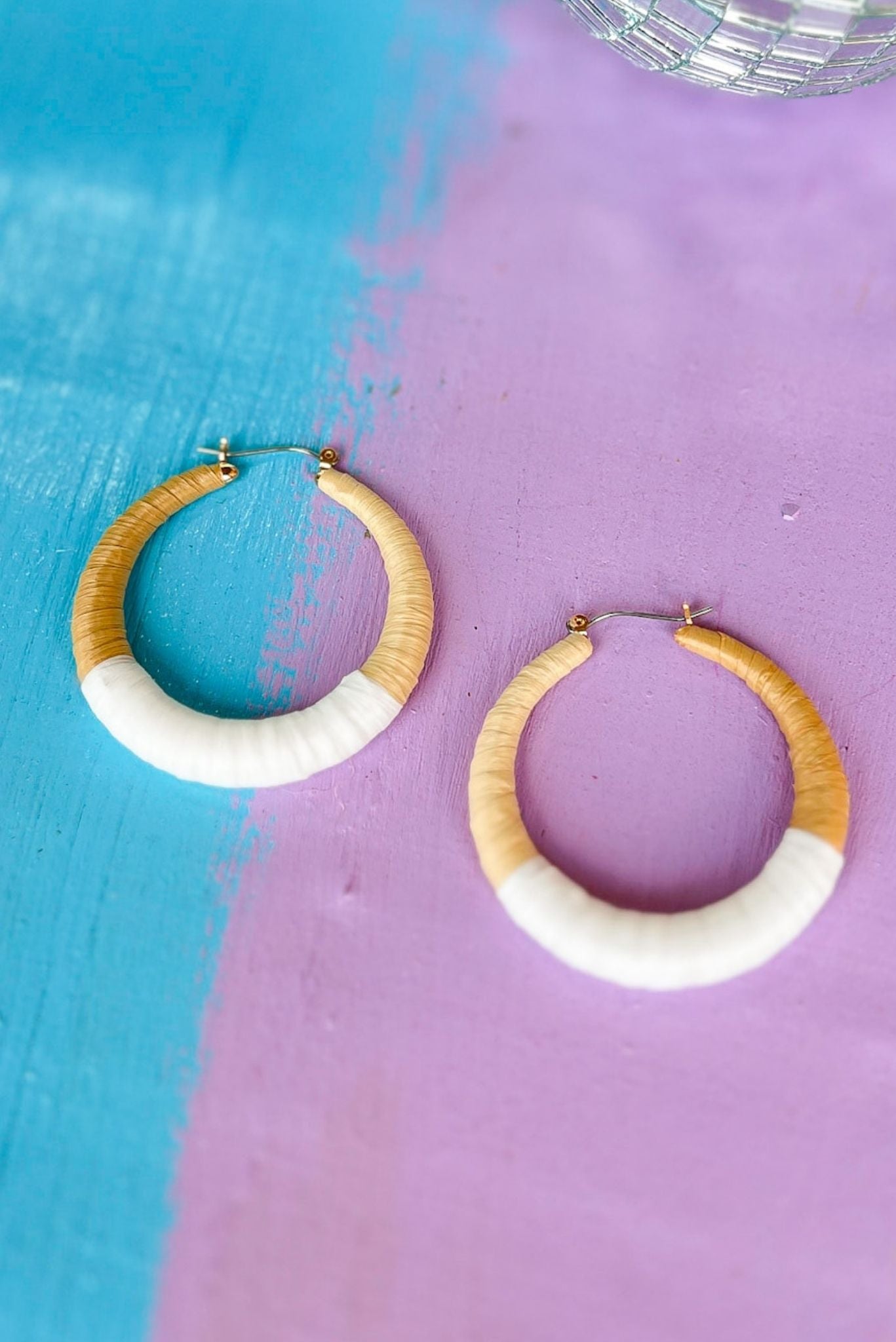 White Tan Raffia Wrapped Hoop Pin Catch Earrings *FINAL SALE*