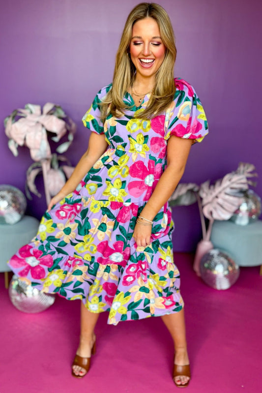 Lavender Floral Printed Split Neck Puff Short Sleeve Midi Dress, floral dress, printed dress,must have dress, must have style, church style, spring fashion, elevated style, elevated dress, mom style, work dress, shop style your senses by mallory fitzsimmons