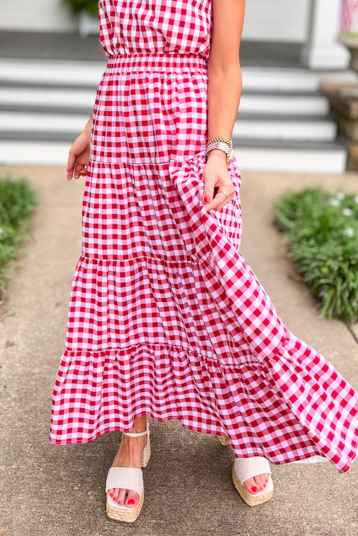 SSYS The Sadie Maxi Skirt In Red Gingham, ssys skirt, ssys the label, elevated skirt, must have skirt, Fourth of July collection, must have style, mom style, summer style, shop style your senses by MALLORY FITZSIMMONS, ssys by MALLORY FITZSIMMONS