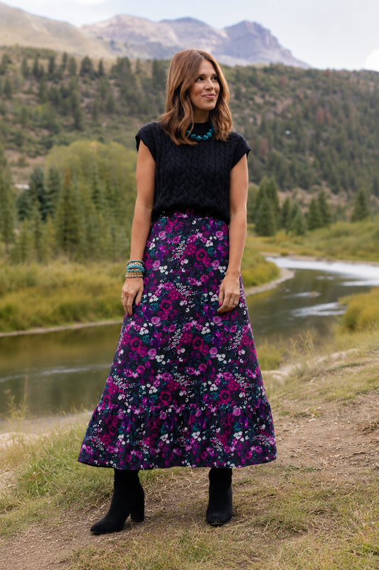 SSYS Daisy One Tier Satin Maxi Skirt In Berry Floral