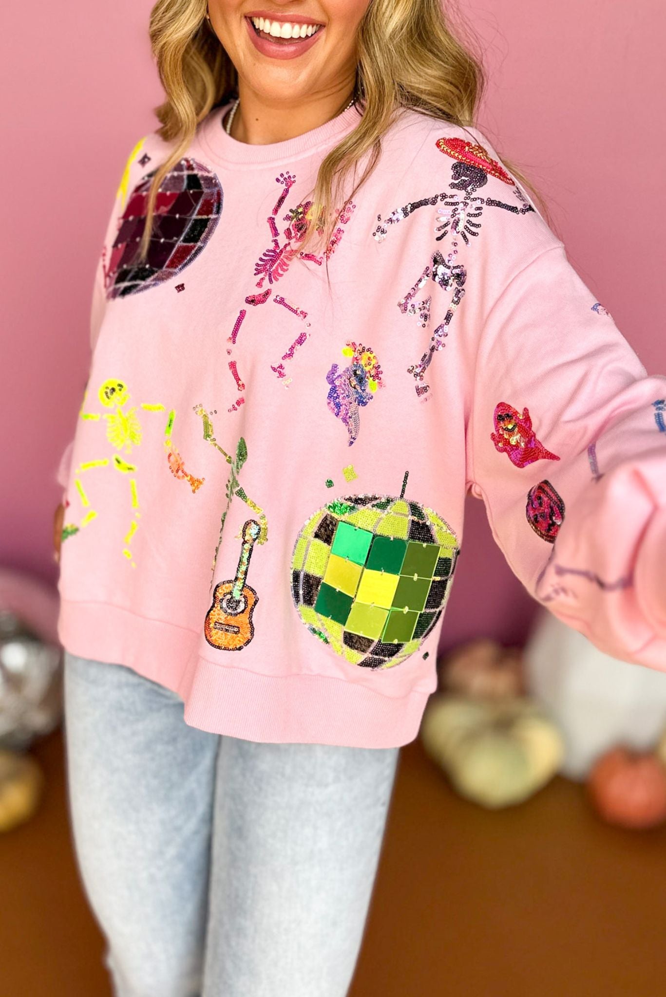 Queen Of Sparkles Pink Skelton Disco Party Sweatshirt, must have sweatshirt, must have style, must have sparkle, QOS, Queen of sparkles, fall fashion, elevated fall, elevated style, mom style, shop style your senses by mallory fitzsimmons