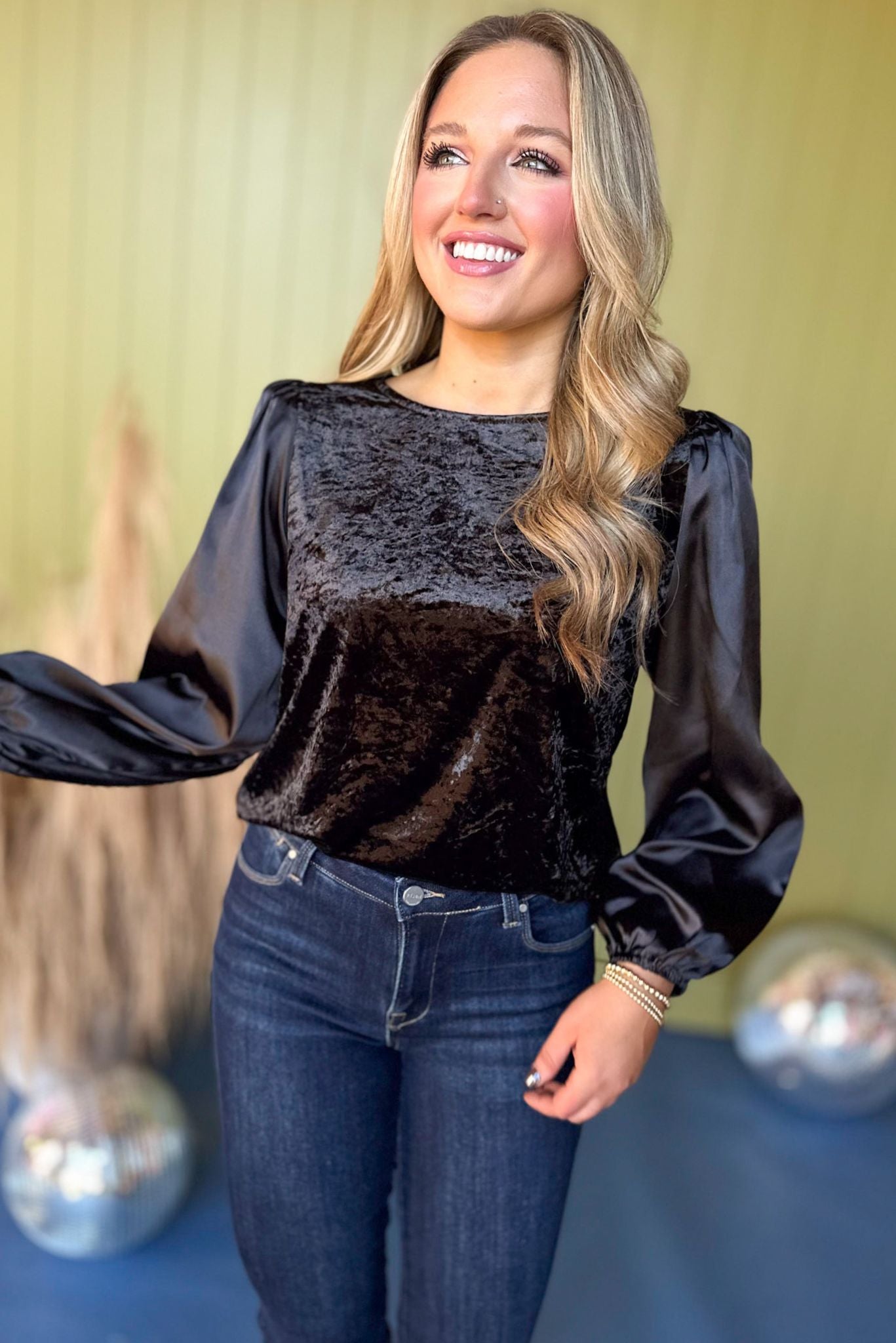 Black Mixed Material Peasant Long Sleeve Top *FINAL SALE* *Final Sale*, must have top, must have style, must have velvet, fall collection, fall fashion, elevated style, elevated top, mom style, fall style, shop style your senses by mallory fitzsimmons