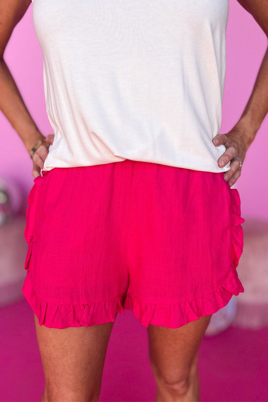hot pink Linen Ruffle Hem Elastic Waist Shorts, linen, ruffle detail, summer shorts, new arrival, lightweight, shop style your senses by mallory fitzsimmons