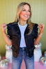 Black Quilted V Neck Ruffled Detail Zip Front Vest *FINAL SALE*