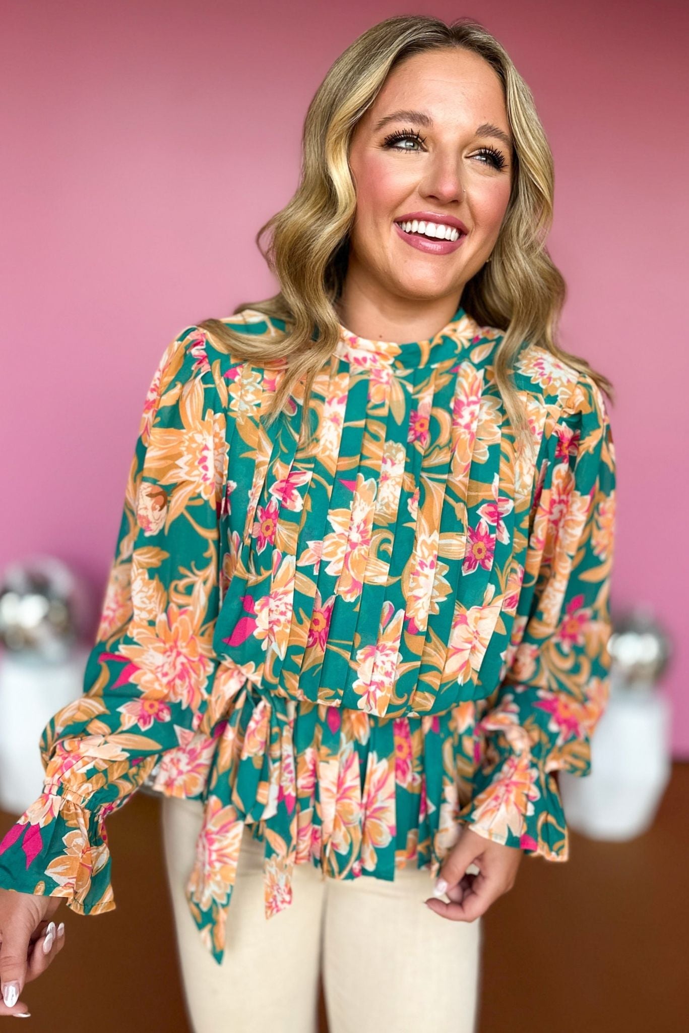 Teal Green Floral Printed High Neck Pleated Tie Waist Top, must have top, must have style, must have fall, fall collection, fall fashion, elevated style, elevated top, mom style, fall style, shop style your senses by mallory fitzsimmons