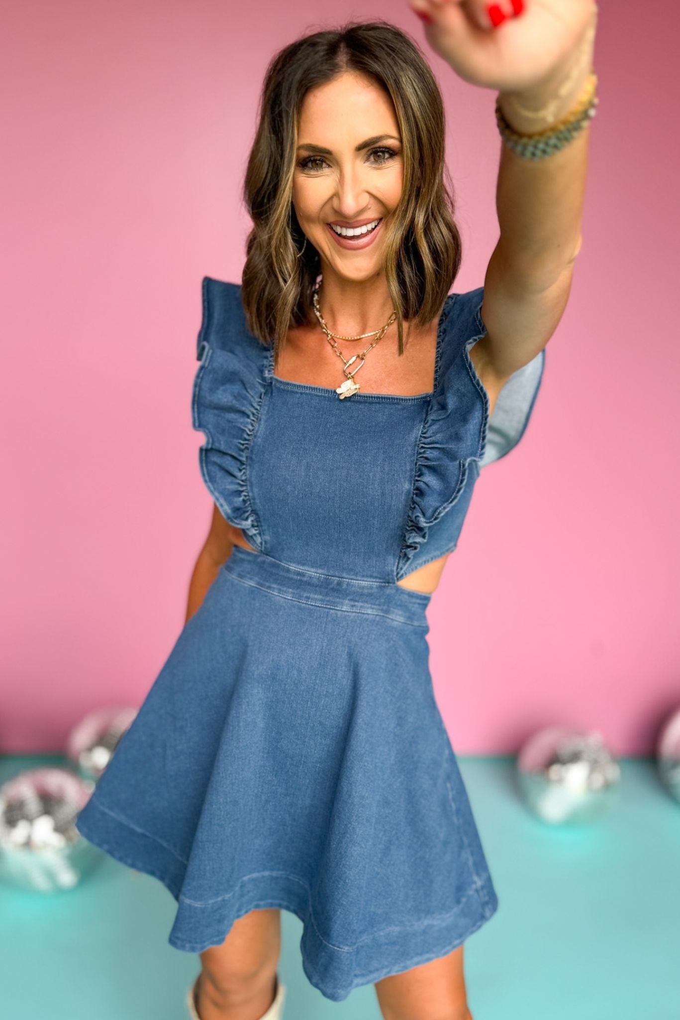 Denim Square Neck Ruffled Sleeve Side Cut Out Dress *FINAL SALE*