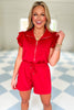 SSYS The Georgia Light Weight Air Ruffle Shoulder Romper In Red, ssys the label, ssys romper, must have romper, elevated romper, throw on and go, summer romper, mom style, Fourth of July collection, ssys by mallory fitzsimmons