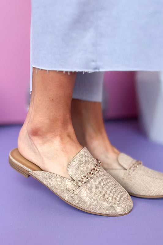  Natural Fabric Gold Top Chain Mule, shoes, mules, must have mules, elevated style, shop style your senses by mallory fitzsimmons, ssys by mallory fitzsimmons