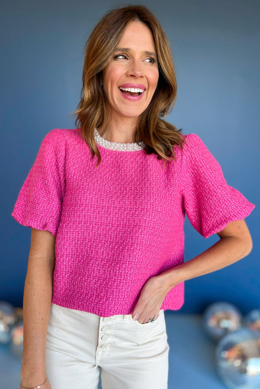 Pink Pearl Trim Neckline Bubble Short Sleeve Tweed Top, must have top, must have style, winter style, winter fashion, elevated style, elevated top, mom style, winter top, shop style your senses by mallory fitzsimmons