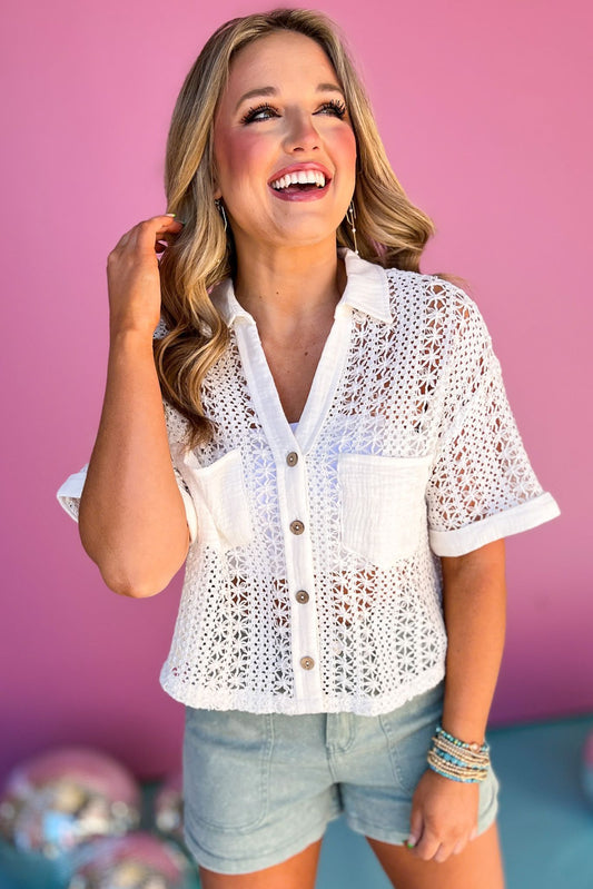  White Collared Button Down Front Pocket Crochet Top, crochet top, trendy top, must have top, must have style, summer style, spring fashion, elevated style, elevated top, mom style, shop style your senses by mallory fitzsimmons, ssys by mallory fitzsimmons
