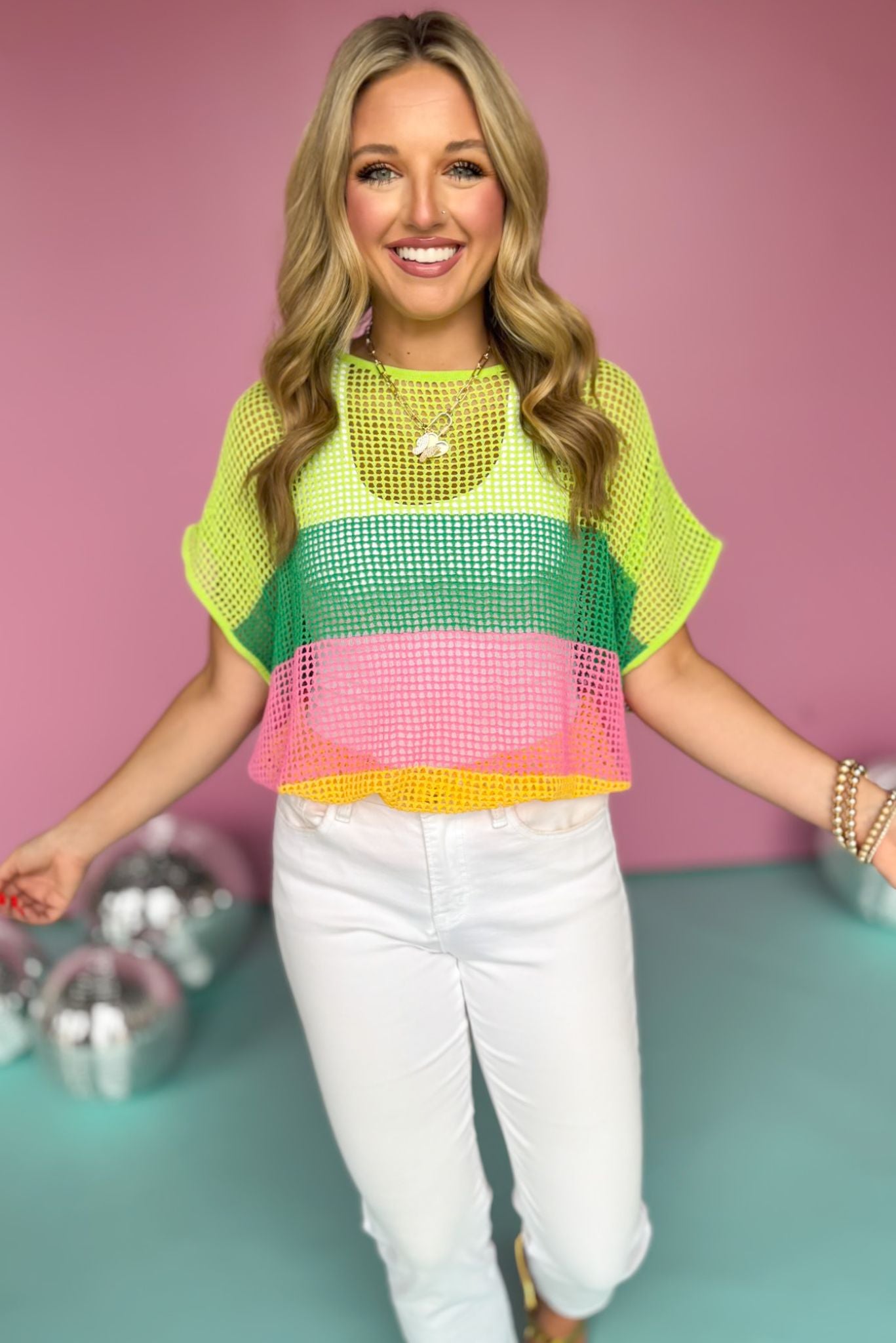 Neon Lime Multi Stripe Crochet Round Neck Short Sleeve Top, crochet top, must have top, must have style, summer style, summer fashion, elevated style, elevated top, mom style, shop style your senses by mallory fitzsimmons, ssys by mallory fitzsimmons