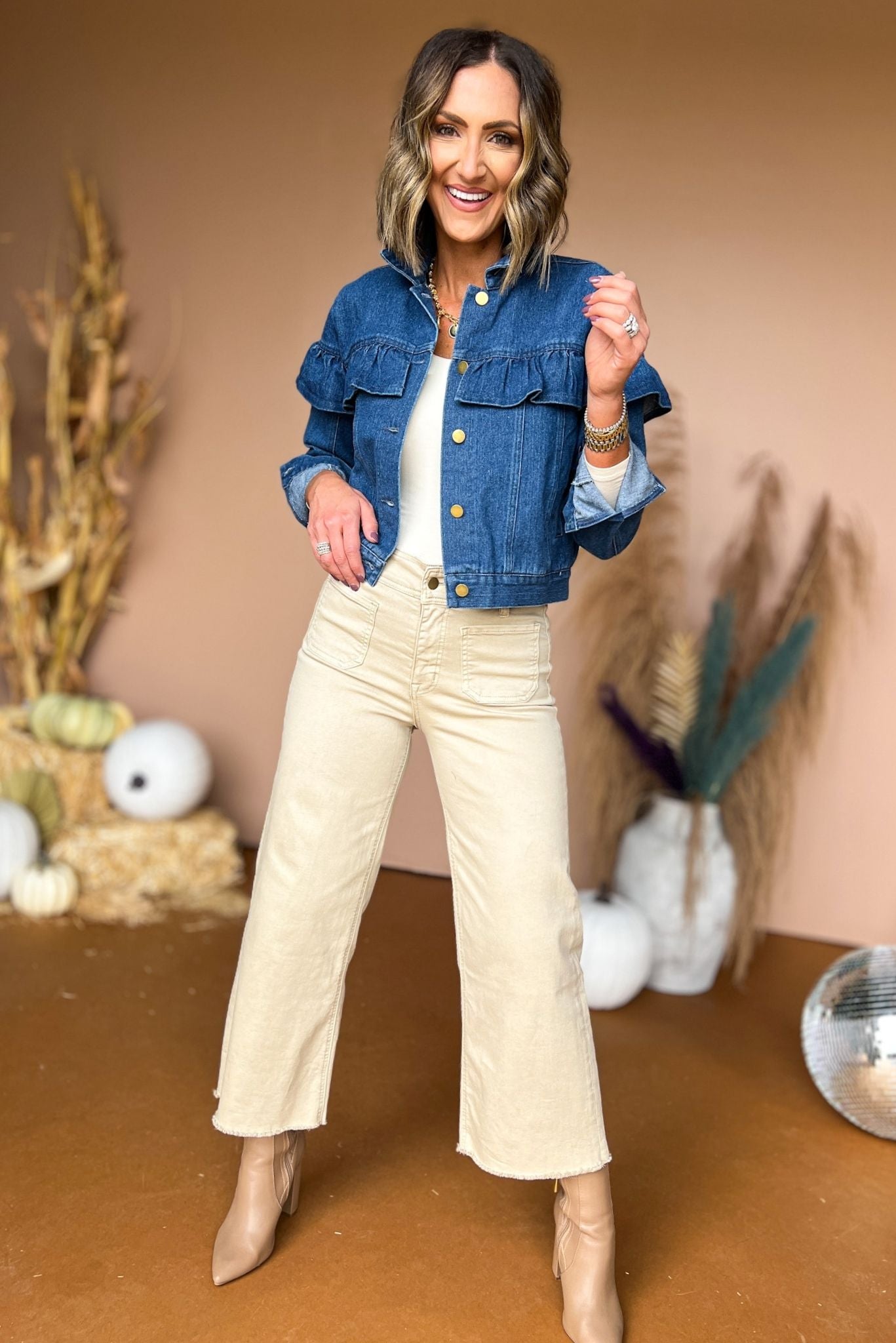 Blue Medium Wash Ruffle Button Front Denim Jacket, must have jacket, must have style, fall style, fall fashion, denim jcket, elevated style, fall collection, shop style your senses by mallory fitzsimmons