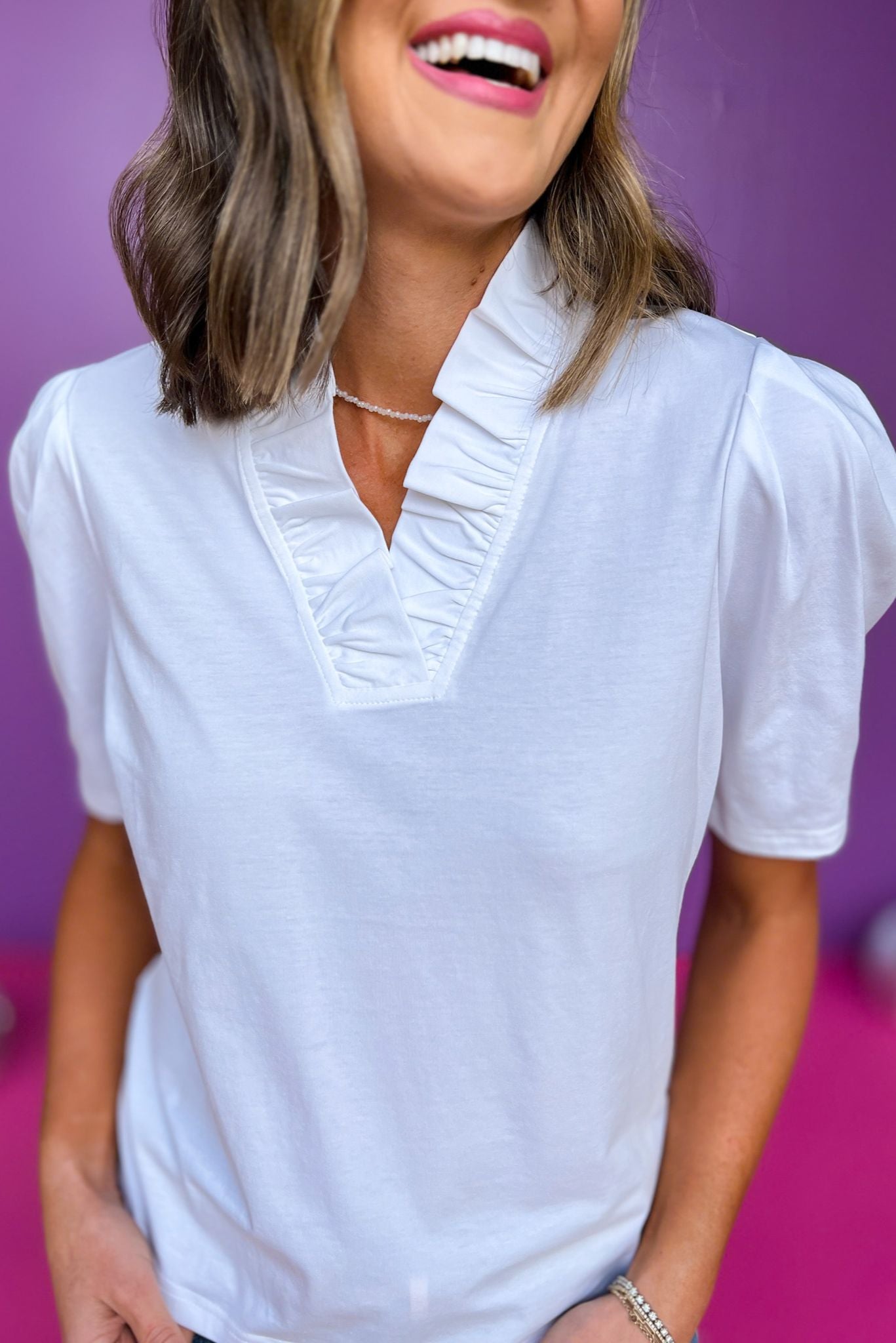 SSYS The Savannah Ruffle Collar 3/4 Sleeve Top In White, ssys the label, ssys top, savannah top, must have top, ruffle neck top, elevated top, mom style, spring style, summer style, shop style your senses by Mallory Fitzsimmons, ssys by Mallory Fitzsimmons  Edit alt text