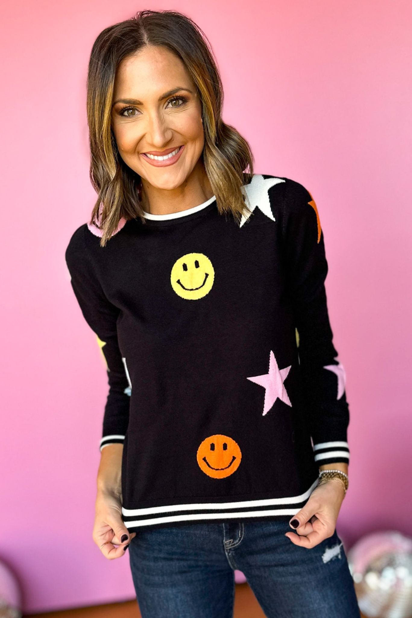 THML Black Star And Smiley Face Sweater, must have top, must have style, must have fall, fall collection, fall fashion, elevated style, elevated top, mom style, fall style, THML, THML sweater, shop style your senses by mallory fitzsimmons
