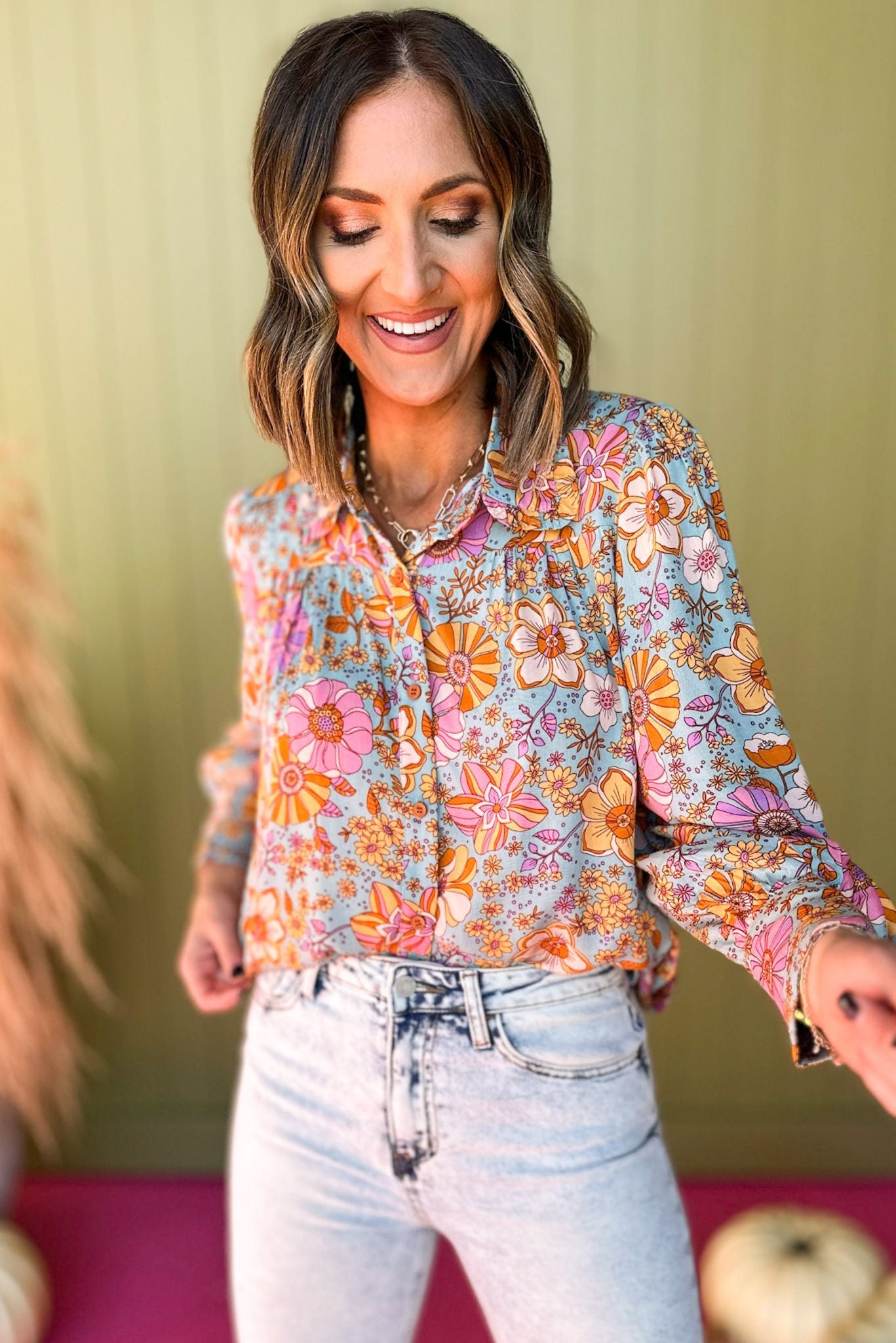 Karlie Turquoise Vintage Floral Printed Ruffle Collar Button Front Top, must have top, must have style, must have fall, fall collection, fall fashion, elevated style, elevated top, mom style, fall style, shop style your senses by mallory fitzsimmons