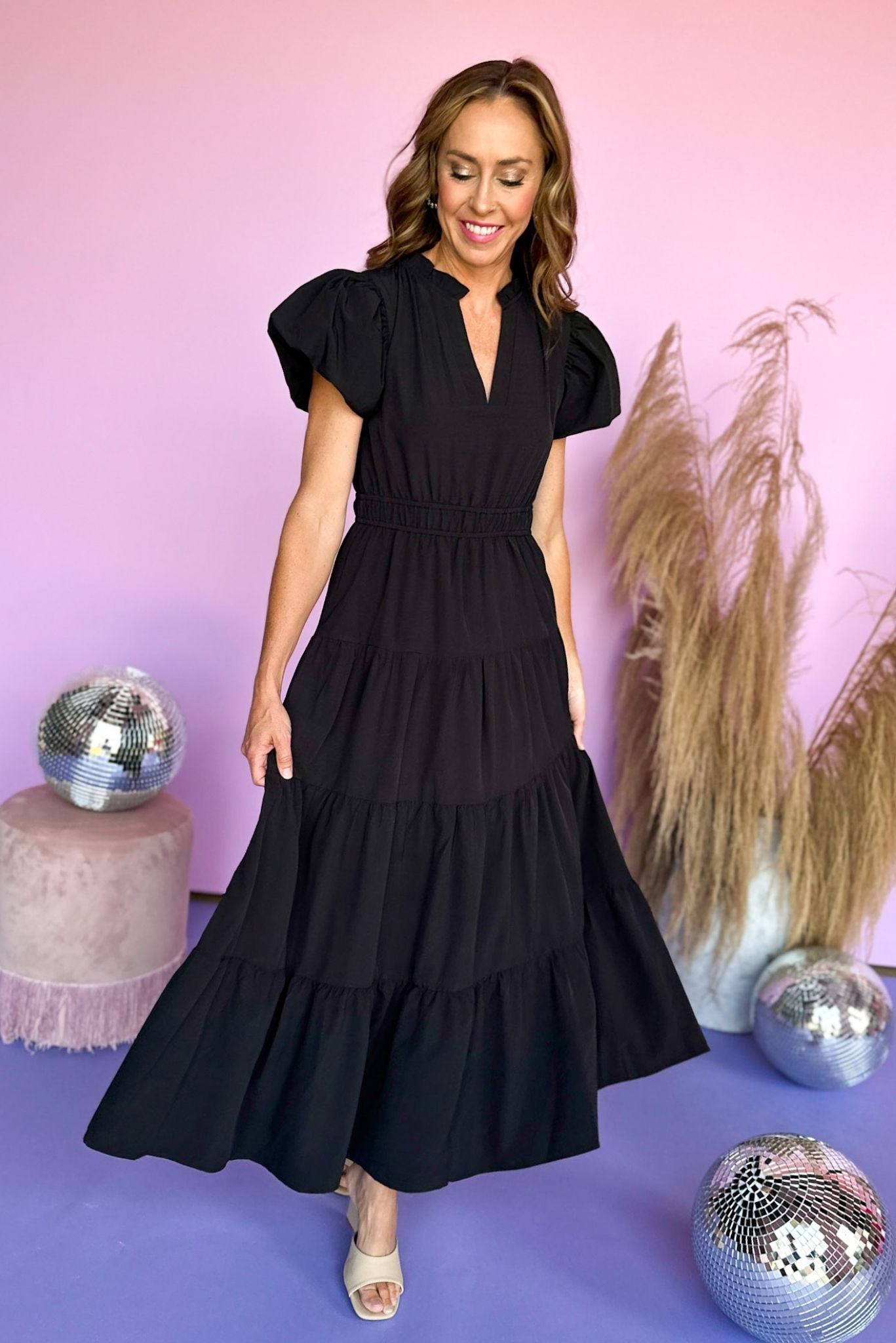 Black Split Neck Puff Short Sleeve Tiered Midi Dress, sophisticated style, midi dress, mom style, elevated style, must have, shop style your senses by mallory fitzsimmons